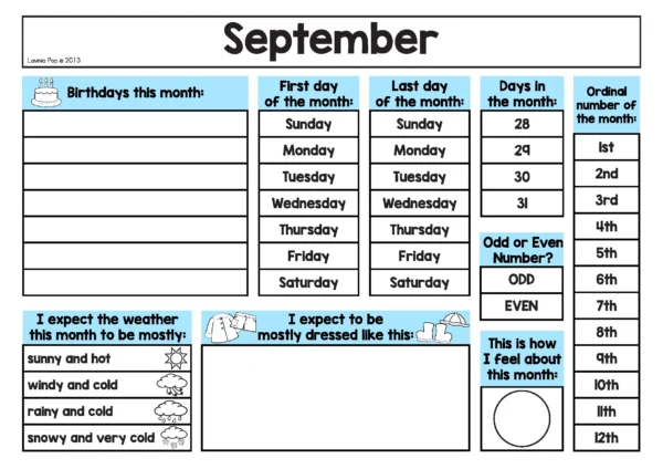 September month overview worksheet from the Calendar and Weather Journal with sections for birthdays, first and last day of the month, number of days, odd or even, ordinal number, weather, clothing, and feelings about the month.