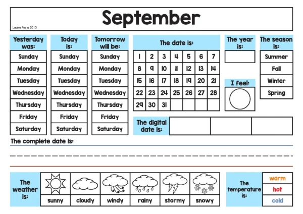 Daily calendar routine worksheet from the Calendar and Weather Journal with sections for yesterday, today, tomorrow, date, year, season, weather, temperature, and a feelings box