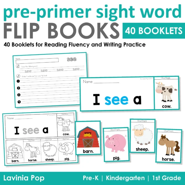 Complete set of forty pre-primer sight word fluency flip books with writing worksheets and reading activities for Kindergarten and 1st Grade, featuring farm animal booklets.