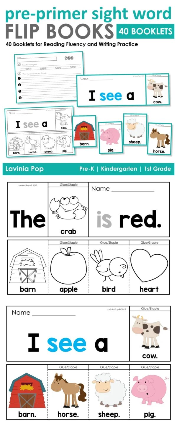 Kindergarten sight word fluency flip books with worksheets and reading practice activities.