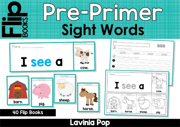 Sight word fluency flip books for Preschool and Kindergarten including cover page, see worksheet, color flip book saying I see a cow, and blackline farm animal activity booklet.