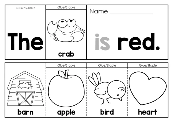 Blackline pre-primer sight word fluency flip book for Preschool and Kindergarten with the sentence The crab is red and picture flaps barn, apple, bird, and heart.