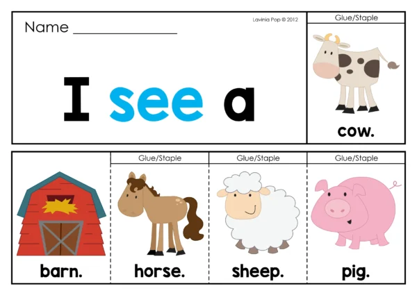 Color pre-primer sight word fluency flip book for Kindergarten and 1st Grade with the sentence I see a cow and picture flaps barn, horse, sheep, and pig.