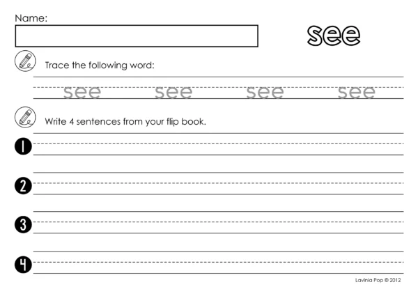 Pre-primer sight word fluency worksheet for Preschool, Kindergarten, and 1st Grade with tracing practice for the word see and four writing lines.