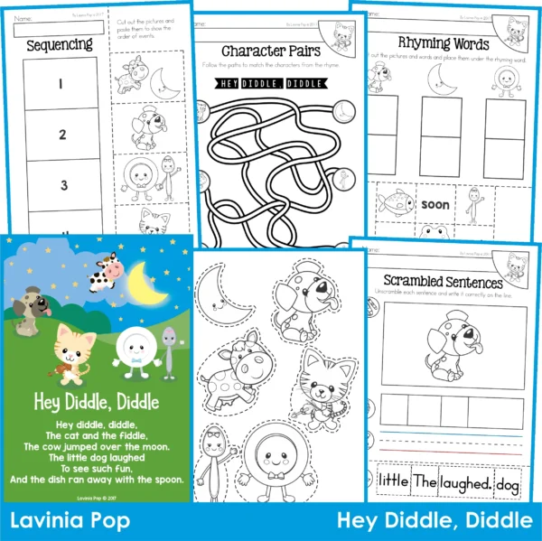Collection of Hey Diddle Diddle nursery rhyme worksheets and activities including sequencing, rhyming, scrambled sentences, and character pairs