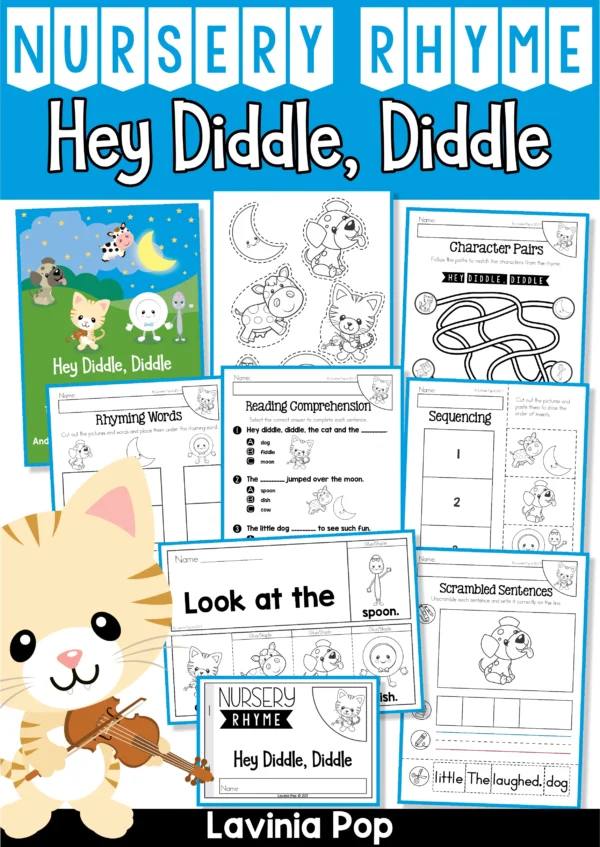 Hey Diddle Diddle nursery rhyme activities pack with worksheets, booklet, poster, sequencing, comprehension, and literacy centers for preschool to first grade