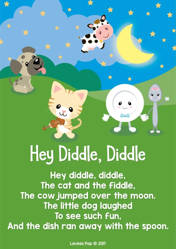 Colorful Hey Diddle Diddle nursery rhyme poster with cat, cow, dog, moon, dish, and spoon for preschool and kindergarten classroom display