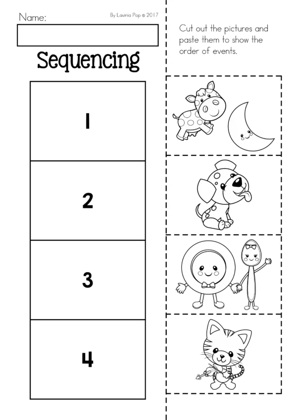 ey Diddle Diddle sequencing worksheet for preschool and kindergarten where children cut and paste characters to show the order of events in the rhyme