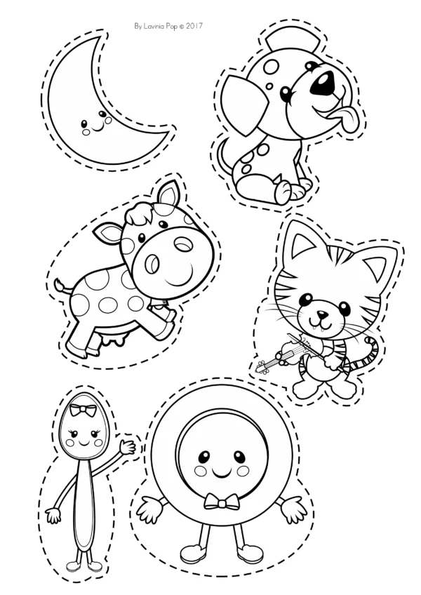 Printable Hey Diddle Diddle nursery rhyme puppets including cat, cow, dog, moon, dish, and spoon for preschool and kindergarten activities