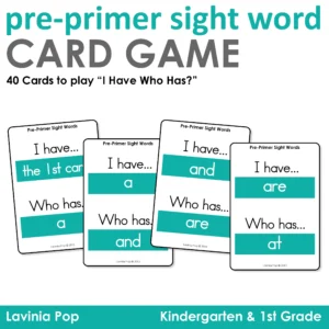Pre-Primer Sight Word Card Game cover with sample cards for a, and, are, and at designed for Preschool, Kindergarten, and 1st Grade sight word fluency