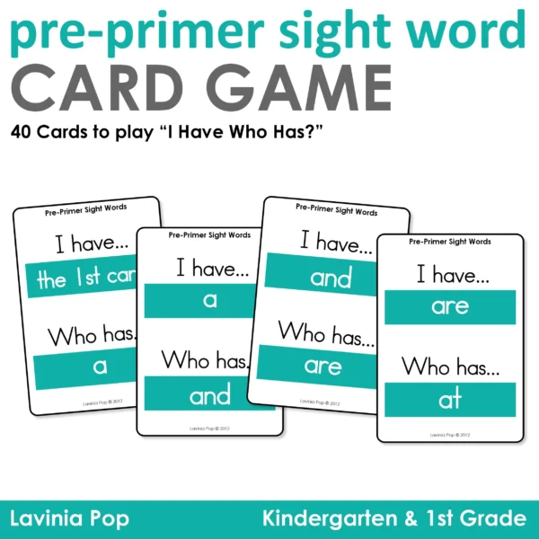 Pre-Primer Sight Word Card Game cover with sample cards for a, and, are, and at designed for Preschool, Kindergarten, and 1st Grade sight word fluency