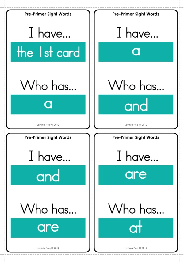 Pre-Primer Sight Word Card Game printable cards showing words the, a, and, and are to support early sight word recognition