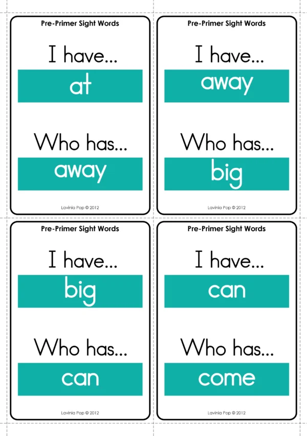 Pre-Primer Sight Word Card Game with I Have Who Has cards for the words at, away, big, can, and come for interactive sight word practice