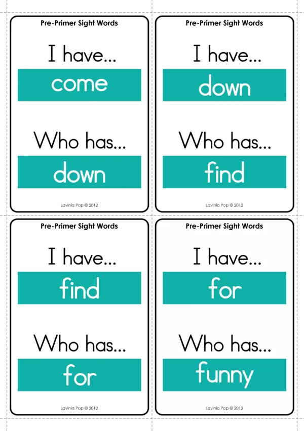 Pre-Primer Sight Word Card Game with I Have Who Has cards showing the words come, down, find, and for for Kindergarten reading practice