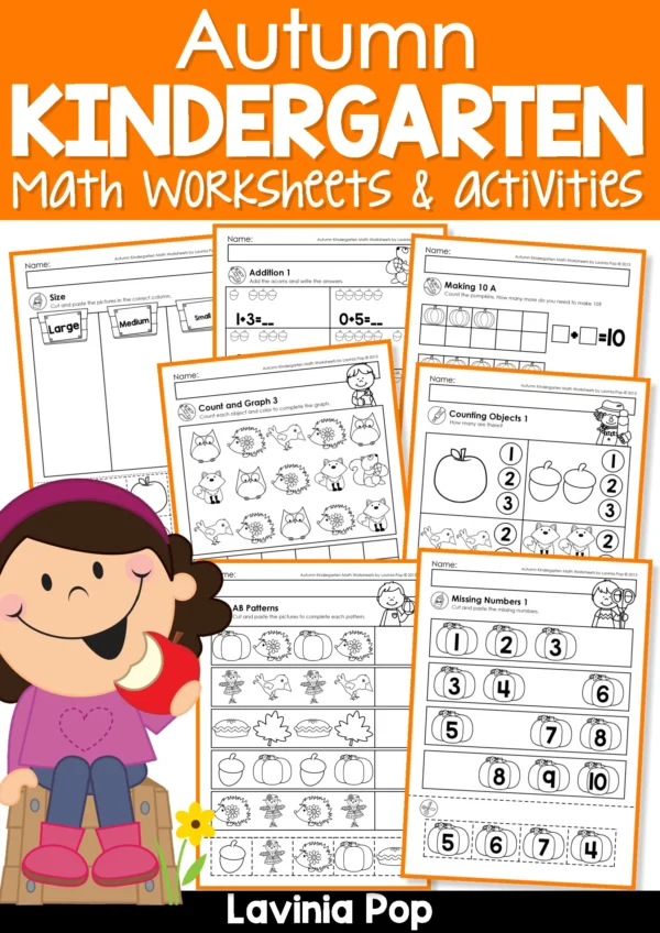 Cover page for fall kindergarten math worksheets featuring pumpkins, leaves, and acorns with activities for counting, number puzzles, patterns, graphing, addition, and measurement.