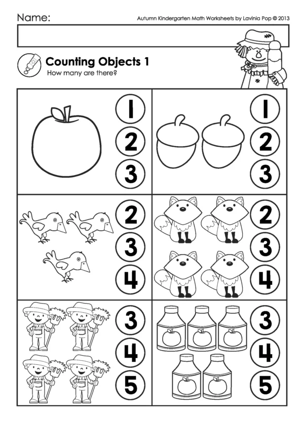 Free printable fall counting worksheet for kindergarten with apples, acorns, birds, foxes, farmers, and juice bottles where children count the objects and select the matching number.