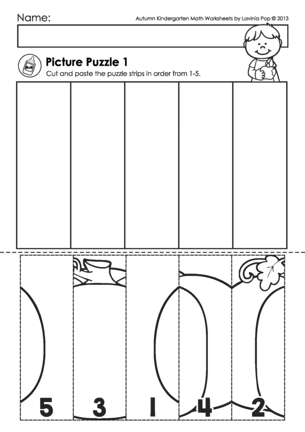 Free printable pumpkin puzzle worksheet for kindergarten where children cut and paste strips numbered 1 to 5 to build sequencing and number order skills.