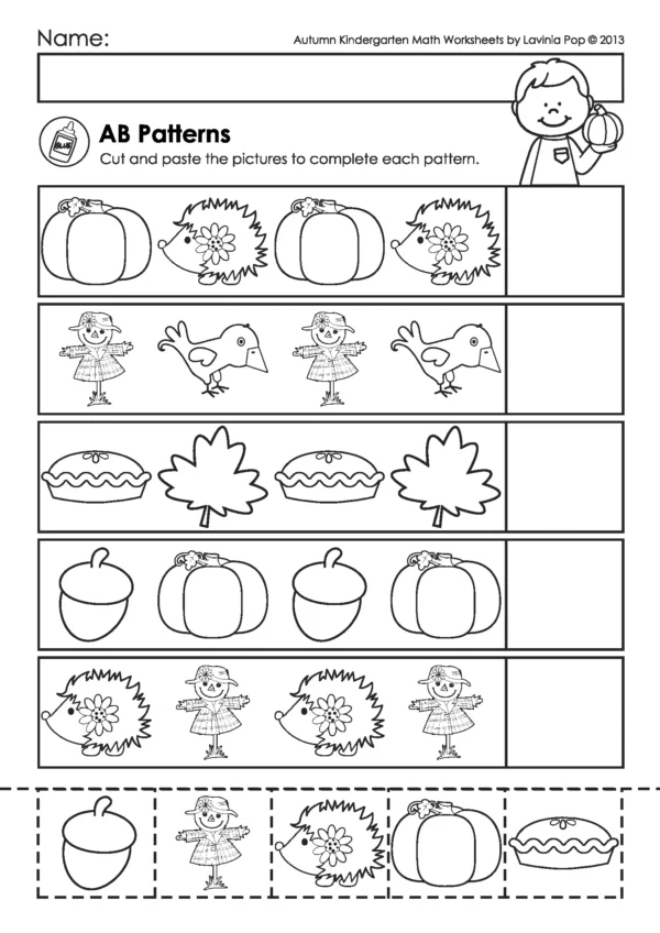 Free fall kindergarten worksheet with cut-and-paste patterns using pumpkins, scarecrows, leaves, acorns, pies, and hedgehogs to complete AB sequences.