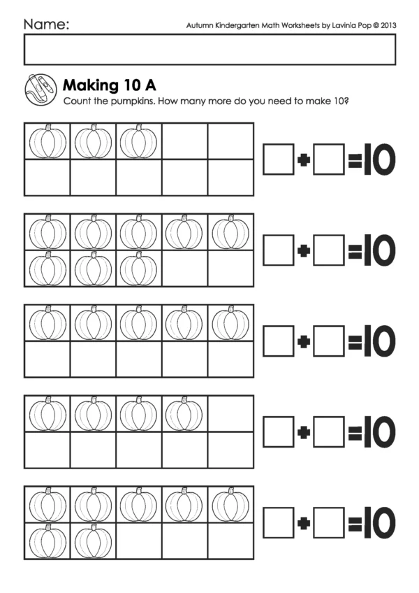 Free printable ten frame worksheet for fall kindergarten math where children count pumpkins and complete number bonds to make 10.