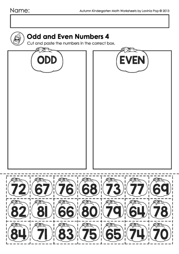 Free printable pumpkin cut-and-paste worksheet for kindergarten where children sort numbers into odd and even categories.