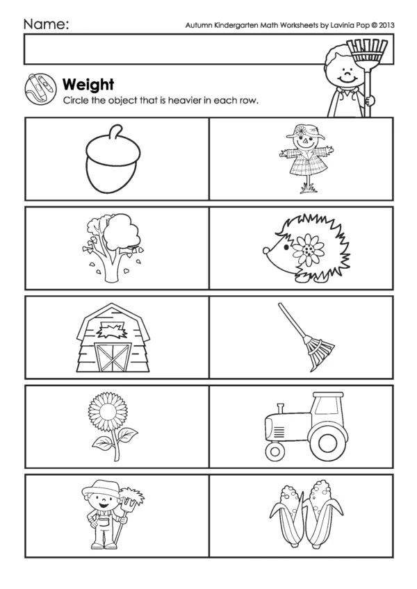 Free fall math worksheet for kindergarten where children circle the heavier object in each row, comparing seasonal items like acorns, barns, trees, tractors, and scarecrows.