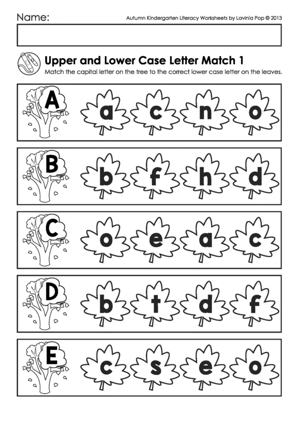 Fall kindergarten alphabet worksheet matching uppercase letters on autumn trees to lowercase letters on leaves