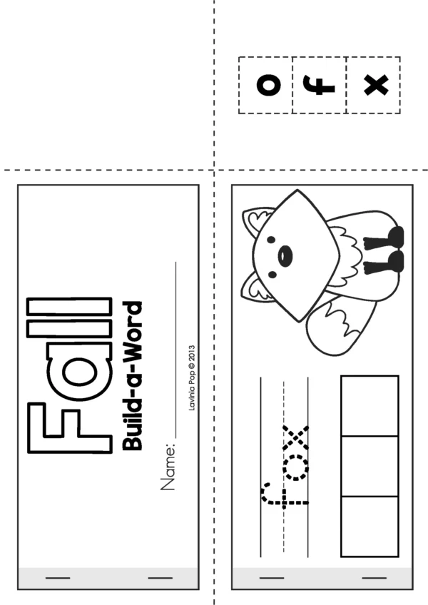 Printable fall mini book for kindergarten where children cut and paste letters to build simple autumn words