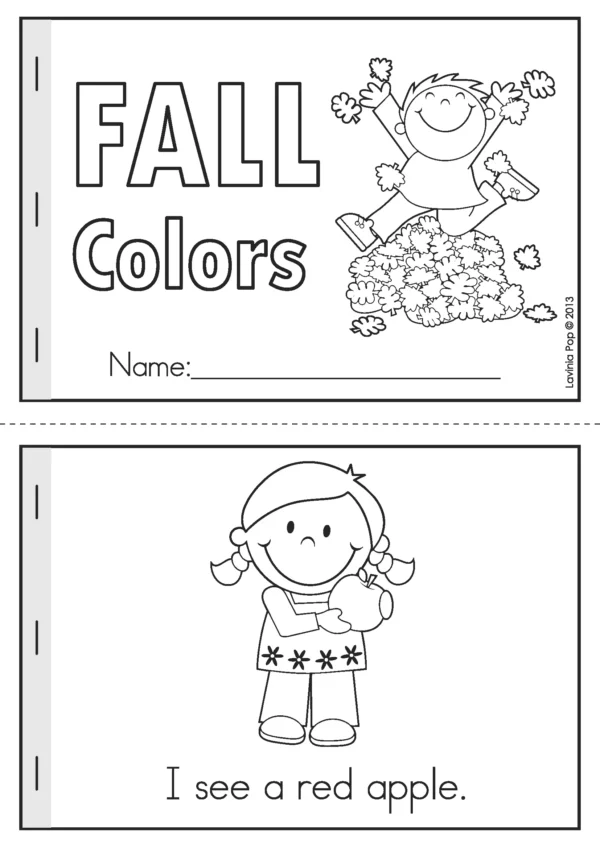 Fall kindergarten emergent reader titled Fall Colors with simple sentences and pictures for comprehension