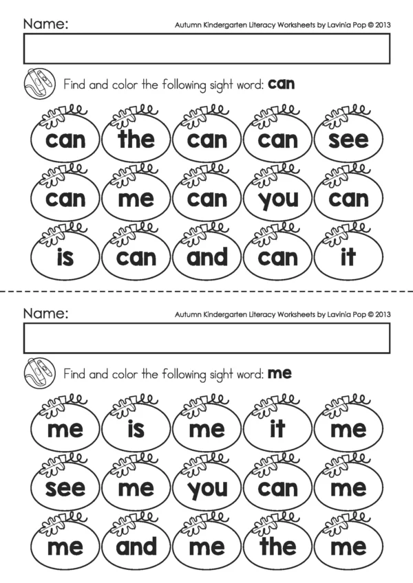 Fall kindergarten sight word worksheet where children color pumpkins with pre-primer and primer sight words