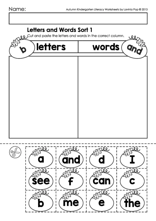 Fall kindergarten literacy worksheet where children sort pumpkins into letter and word categories by cutting and pasting
