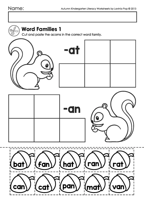 Fall kindergarten literacy worksheet where children cut and paste acorn word family words into the correct squirrel column