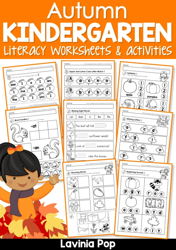 Autumn kindergarten literacy worksheets pack with phonics, sight words, word families, and reading practice activities