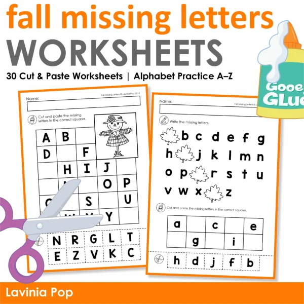 Fall Missing Letters Worksheets cover with two sample alphabet activities for Kindergarten including cut and paste and missing letter practice.