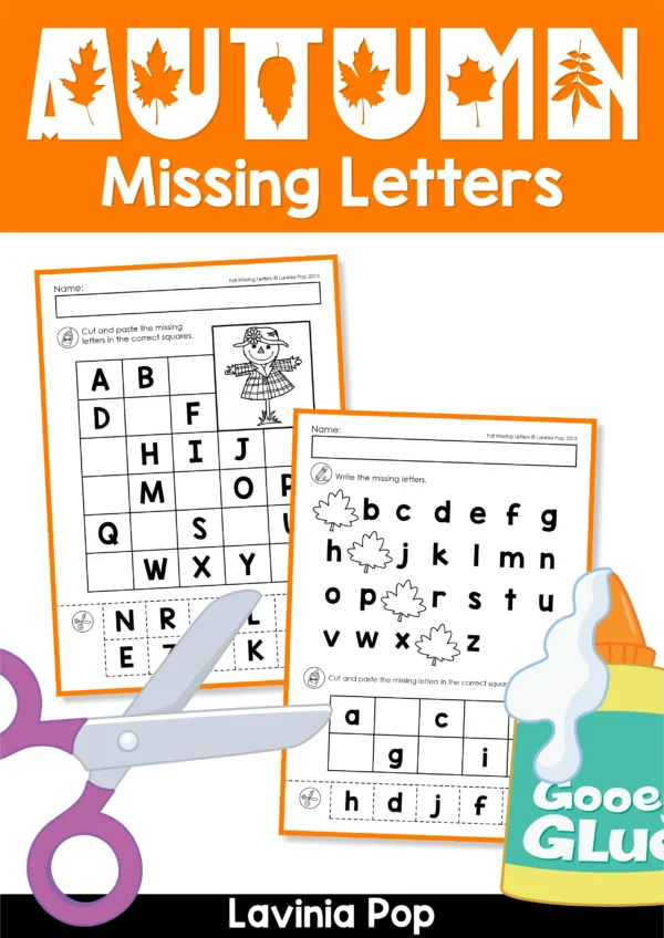 Fall Missing Letters Worksheets pack with 30 printable alphabet activities for Kindergarten including uppercase and lowercase cut and paste practice.
