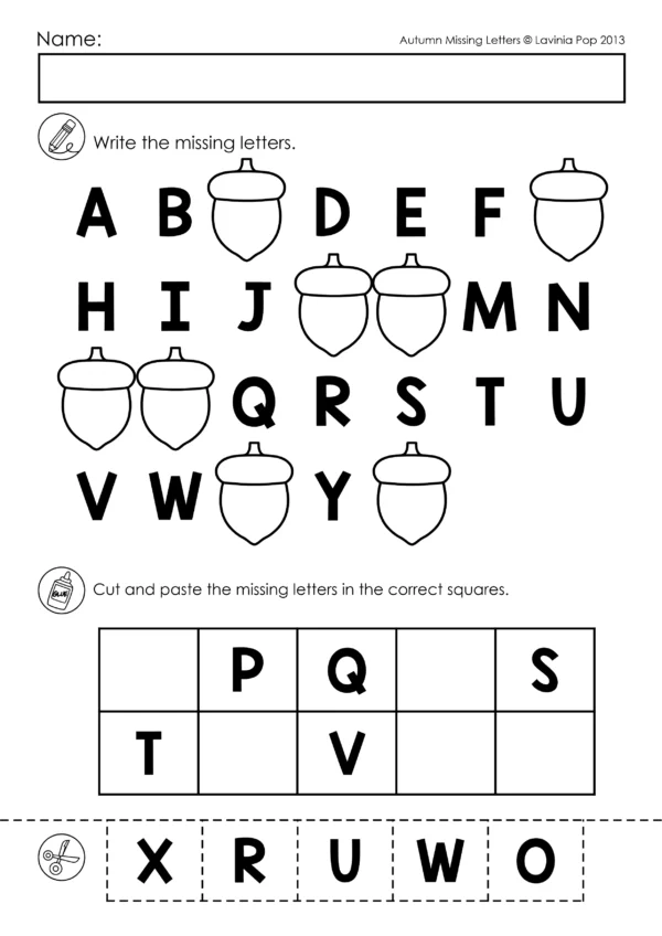 Fall Missing Letters Worksheets page with acorn theme where children cut and paste uppercase missing letters into the alphabet sequence.