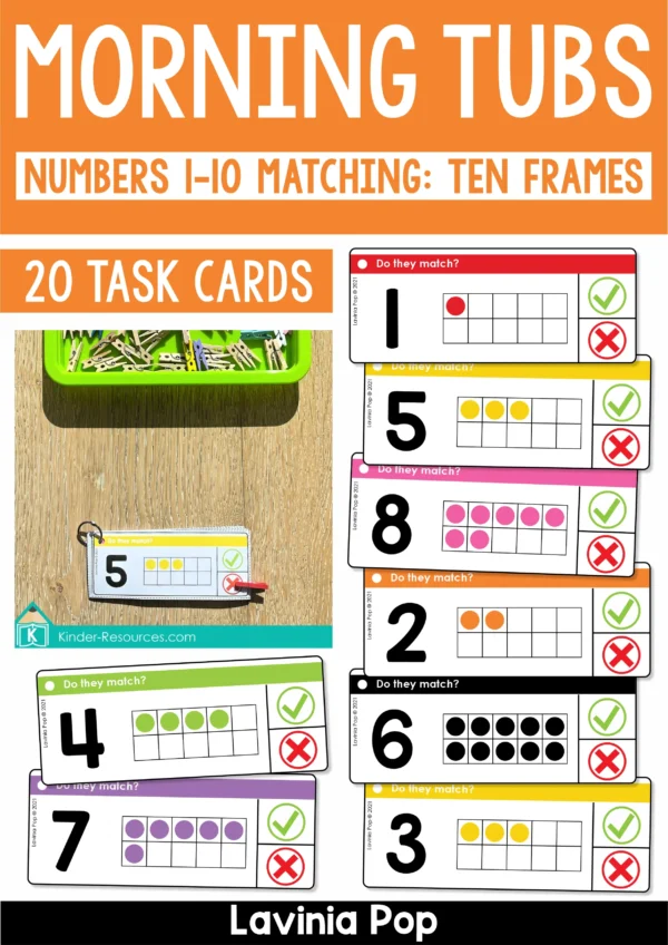 Kindergarten morning tubs numbers and ten frames matching task cards for math practice.