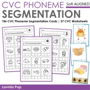 Science of Reading aligned CVC phoneme segmentation resource with 186 cards and 37 worksheets for segmenting and spelling words