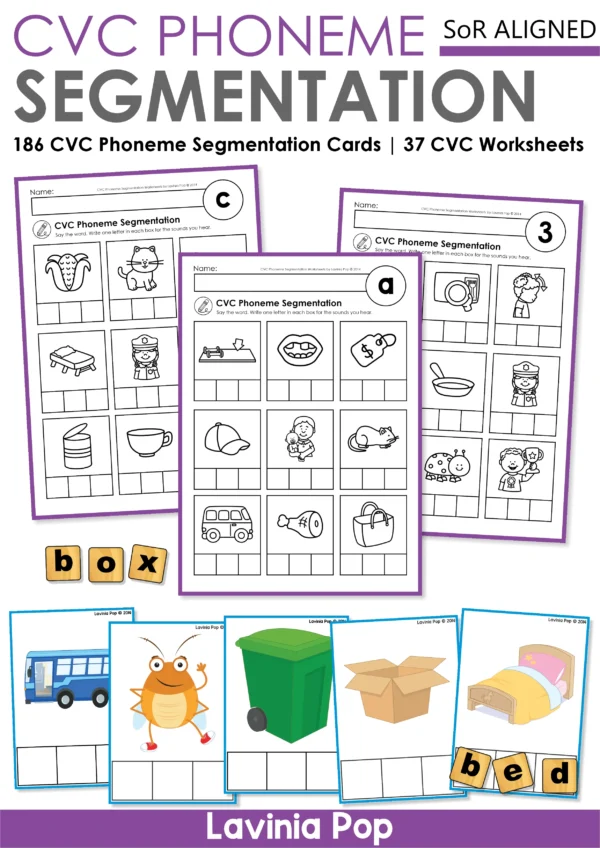CVC phoneme segmentation worksheets with word-building picture cards including bus, bug, bin, box, and bed