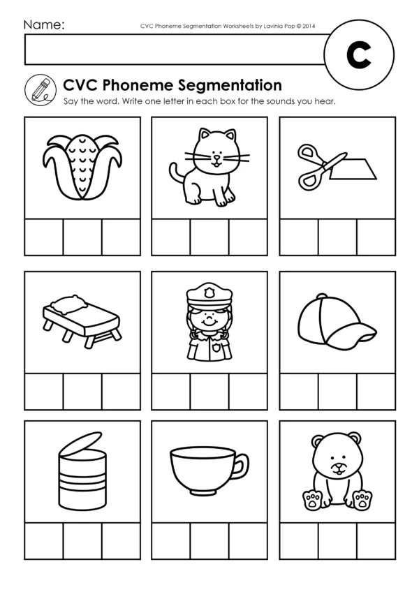 CVC phoneme segmentation worksheet with pictures of corn, cat, cap, cup, and bear for beginning sound practice