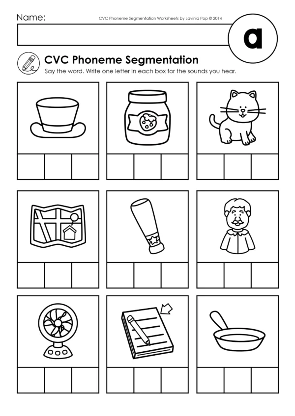 CVC phoneme segmentation worksheet with pictures of hat, jam, cat, map, fan, pad, and pan for middle vowel practice