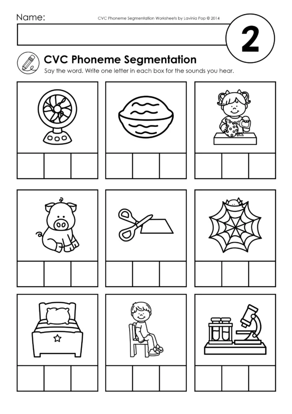 Mixed CVC phoneme segmentation worksheet with images of fan, nut, pig, web, bed, sit, and lab for segmenting and spelling