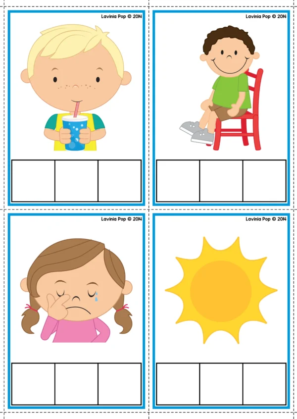 Printable CVC phoneme segmentation cards with images of sip, sit, sob, and sun for sound to letter mapping