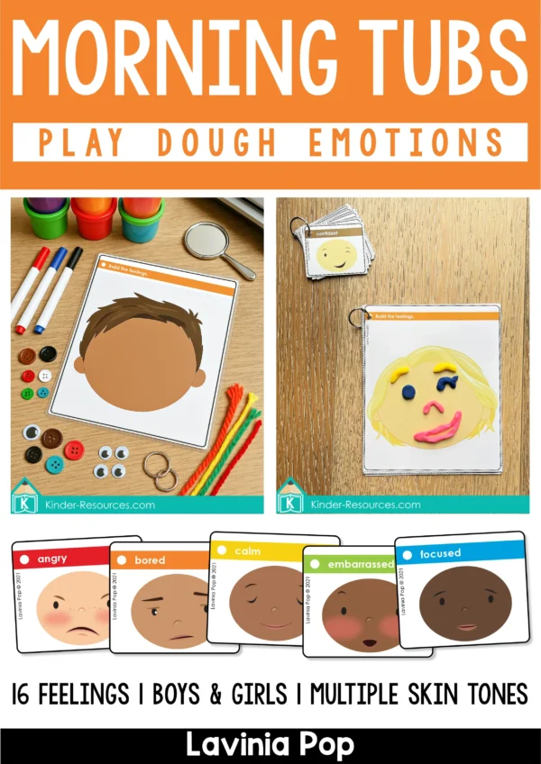 Preschool and kindergarten morning tubs activity with play dough mats and 16 illustrated emotion cards.