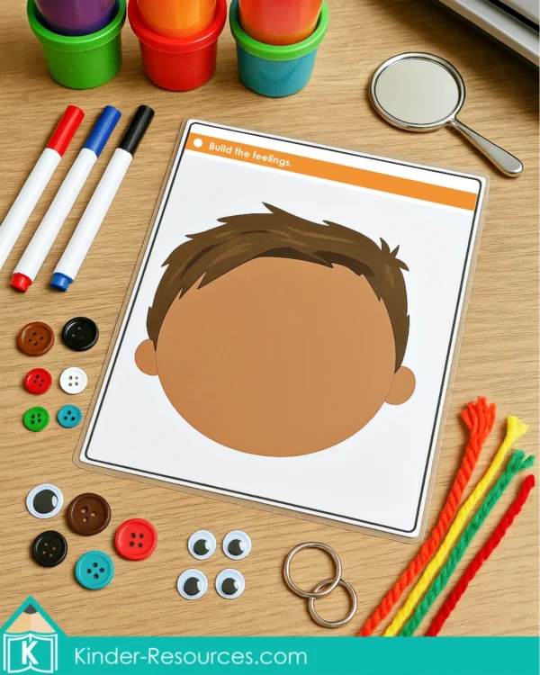 Laminated blank face mat with brown hair, designed for preschool and kindergarten children to build emotions with play dough.