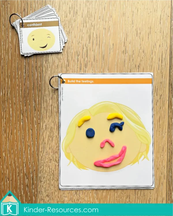 motion card set with play dough mat showing blonde hair face, designed for children to build emotions hands-on.