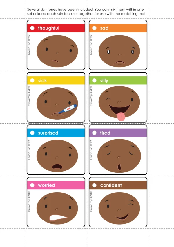 Illustrated cards showing eight different feelings including thoughtful, sad, sick, silly, surprised, tired, worried, and confident.
