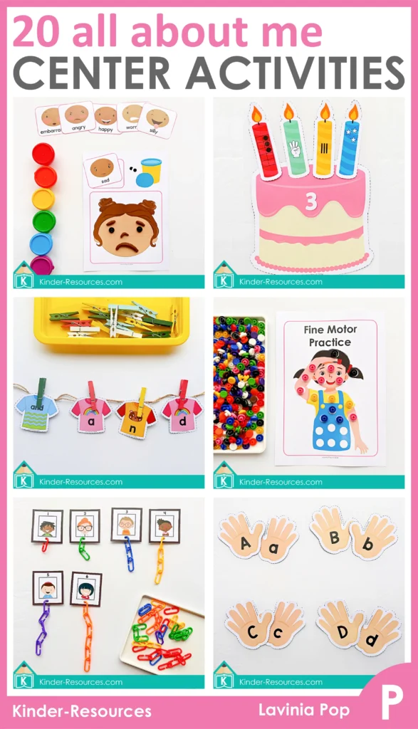 All About Me preschool center activities with play dough emotions mats, birthday cake number sense, sight word clothesline, fine motor beads, linking chains, and alphabet hand cards. Download FREE sample pages on the blog!