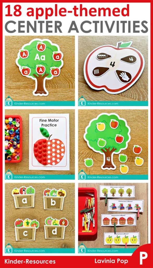 Collage of 18 apple themed preschool center activities including fine motor mats, counting, letter recognition, and sorting with free sample downloads for preschool and kindergarten.