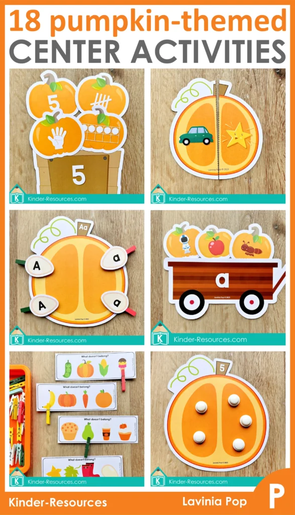 Collage of pumpkin preschool centers including number sense, beginning sounds, alphabet match, and fine motor activities.