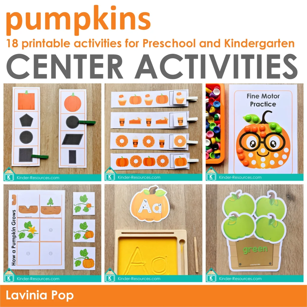 Collage of pumpkin preschool activities including shape clip cards, AB patterns, fine motor mat, sequencing life cycle, alphabet tracing, and color sorting crates.